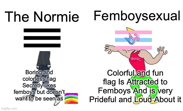 We need more Femboysexuals | Femboysexual; The Normie; Colorful and fun flag Is Attracted to Femboys And is very Prideful and Loud About it; Boring and colorless flag
Secretly likes femboys but doesn’t want to be seen as | image tagged in virgin vs chad,lgbtqf,pride,femboysexual,femboy,femboys are objects | made w/ Imgflip meme maker