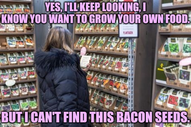 If Only They Existed | YES, I'LL KEEP LOOKING, I KNOW YOU WANT TO GROW YOUR OWN FOOD. BUT I CAN'T FIND THIS BACON SEEDS. | image tagged in memes,fun,looking,i will find you,bacon,seeds | made w/ Imgflip meme maker