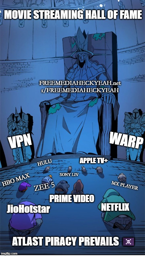 Atlast Piracy Prevails | MOVIE STREAMING HALL OF FAME; FREEMEDIAHECKYEAH.net
r/FREEMEDIAHECKYEAH; VPN; WARP; APPLE TV+; HULU; SONY LIV; HBO MAX; MX PLAYER; ZEE 5; PRIME VIDEO; JioHotstar; NETFLIX; ATLAST PIRACY PREVAILS 🏴‍☠️ | image tagged in worship the lord,pirates,piracy | made w/ Imgflip meme maker
