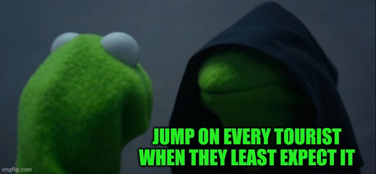 Evil Kermit Meme | JUMP ON EVERY TOURIST WHEN THEY LEAST EXPECT IT | image tagged in memes,evil kermit | made w/ Imgflip meme maker