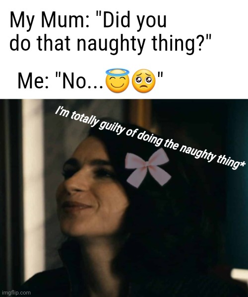 I hope tae fvck my Mum doesn't see this meme... | My Mum: "Did you do that naughty thing?"; Me: "No...😇🥺"; I'm totally guilty of doing the naughty thing* | image tagged in stormfront being adorable,my maw,guilty as charged | made w/ Imgflip meme maker