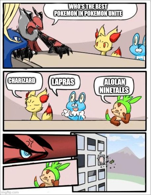 Pokemon board meeting | WHO'S THE BEST POKEMON IN POKEMON UNITE; LAPRAS; ALOLAN NINETALES; CHARIZARD | image tagged in pokemon board meeting | made w/ Imgflip meme maker
