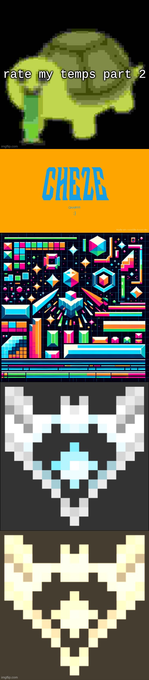 part 2: random images I use sometimes | rate my temps part 2 | image tagged in low quality barfing turtle,cheze titlecard,cheze cool ahh temp,cheze icon temp,cheze icon halloween version | made w/ Imgflip meme maker