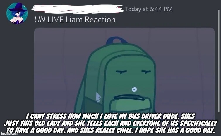 UN LIVE Liam reaction | I CANT STRESS HOW MUCH I LOVE MY BUS DRIVER DUDE. SHES JUST THIS OLD LADY AND SHE TELLS EACH AND EVERYONE OF US SPECIFICALLY TO HAVE A GOOD DAY, AND SHES REALLY CHILL. I HOPE SHE HAS A GOOD DAY. | image tagged in un live liam reaction | made w/ Imgflip meme maker