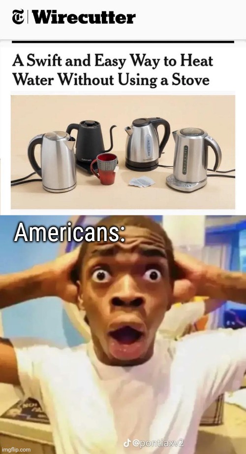 How come Americans still don't have kettles as a standard thing in their homes? They make tea in a bloody pot lmao | Americans: | image tagged in shocked black guy | made w/ Imgflip meme maker