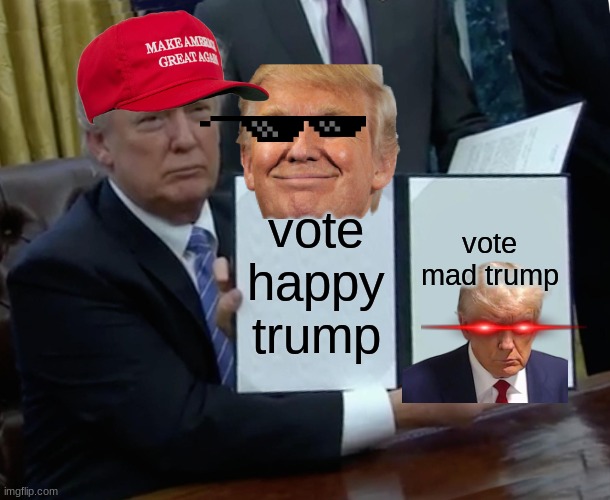 Trump Bill Signing | vote happy trump; vote mad trump | image tagged in memes,trump bill signing | made w/ Imgflip meme maker