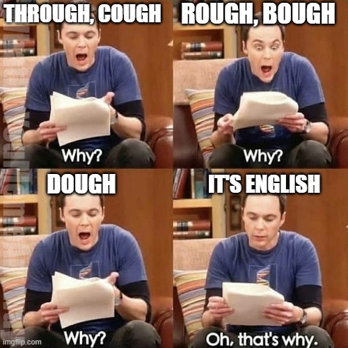 there rly is no other reason | ROUGH, BOUGH; THROUGH, COUGH; WhatDoYouMemeAnyway; DOUGH; IT'S ENGLISH | image tagged in sheldon why | made w/ Imgflip meme maker