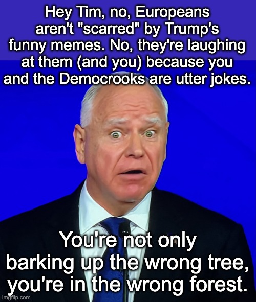What a joke this man is. | Hey Tim, no, Europeans aren't "scarred" by Trump's funny memes. No, they're laughing at them (and you) because you and the Democrooks are utter jokes. You're not only barking up the wrong tree, you're in the wrong forest. | image tagged in confused tim walz,democrooks,scumbag democrats,democrats are liars | made w/ Imgflip meme maker