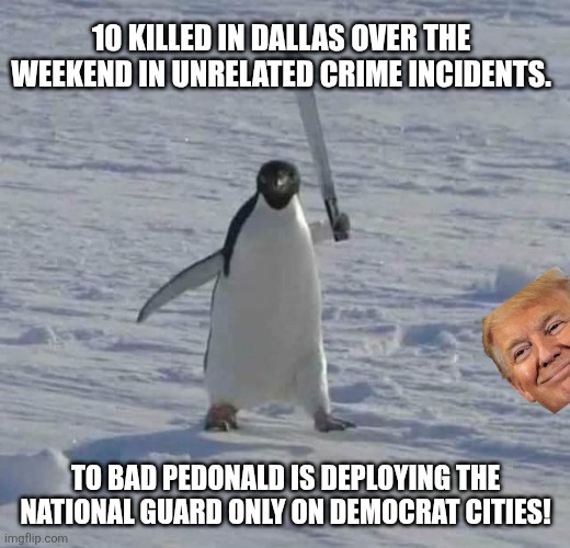 National guard only for libs | 10 KILLED IN DALLAS OVER THE WEEKEND IN UNRELATED CRIME INCIDENTS. TO BAD PEDONALD IS DEPLOYING THE NATIONAL GUARD ONLY ON DEMOCRAT CITIES! | image tagged in donald trump,trump,maga,republican,conservative,nevertrump | made w/ Imgflip meme maker