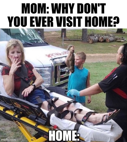 Mom Why Don't You Ever Visit Home? | MOM: WHY DON'T YOU EVER VISIT HOME? HOME: | image tagged in chrisjoines1 | made w/ Imgflip meme maker