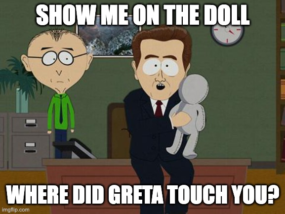 Show me on this doll | SHOW ME ON THE DOLL; WHERE DID GRETA TOUCH YOU? | image tagged in show me on this doll | made w/ Imgflip meme maker
