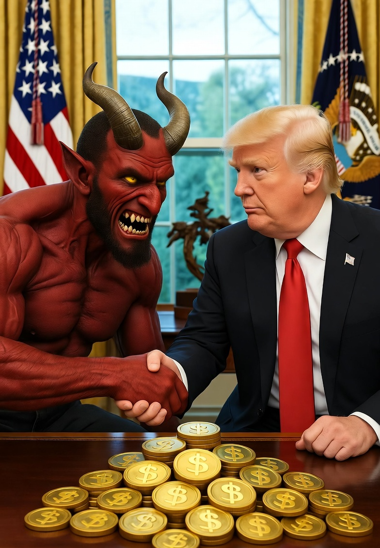 Donald Trump Satan laughing pile of gold shaking hands Blank Meme Template