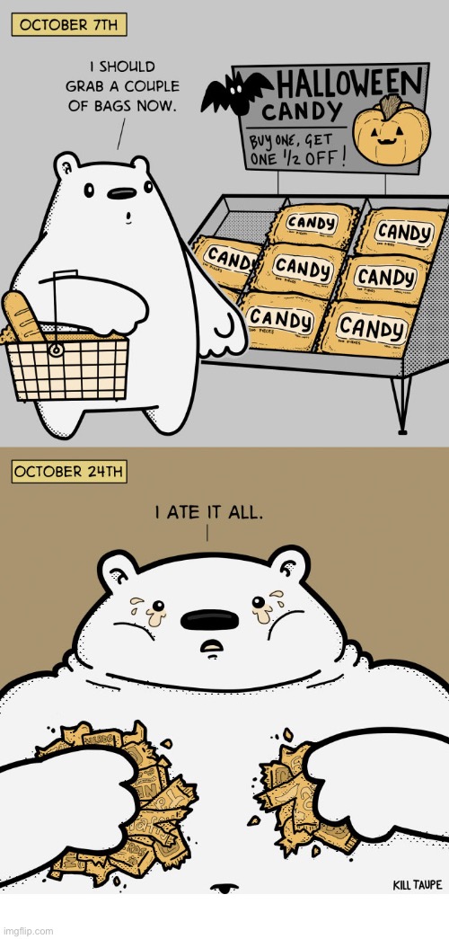 image tagged in comics,polar bear,halloween,candy,ate it all,remorse | made w/ Imgflip meme maker