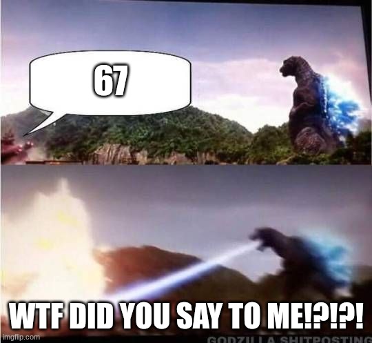 67 can stop pls | 67; WTF DID YOU SAY TO ME!?!?! | image tagged in godzilla hates x | made w/ Imgflip meme maker