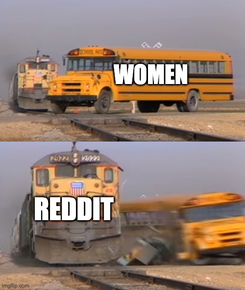Reddit and women | WOMEN; REDDIT | image tagged in a train hitting a school bus | made w/ Imgflip meme maker