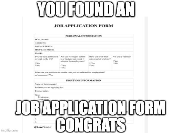 Job! | YOU FOUND AN; JOB APPLICATION FORM
CONGRATS | image tagged in funny memes,memes | made w/ Imgflip meme maker