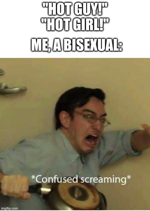 WHY IS EVERYONE SO HOT BRUH | "HOT GUY!"
"HOT GIRL!"; ME, A BISEXUAL: | image tagged in confused screaming,confused gandalf | made w/ Imgflip meme maker