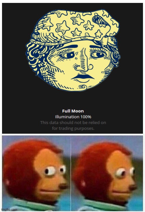 full moon advice stocks | image tagged in memes,monkey puppet,trading,stock market,full moon,money | made w/ Imgflip meme maker