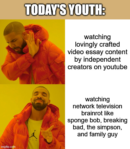 true story | TODAY'S YOUTH:; watching lovingly crafted video essay content by independent creators on youtube; watching network television brainrot like sponge bob, breaking bad, the simpson,
and family guy | image tagged in memes,drake hotline bling | made w/ Imgflip meme maker