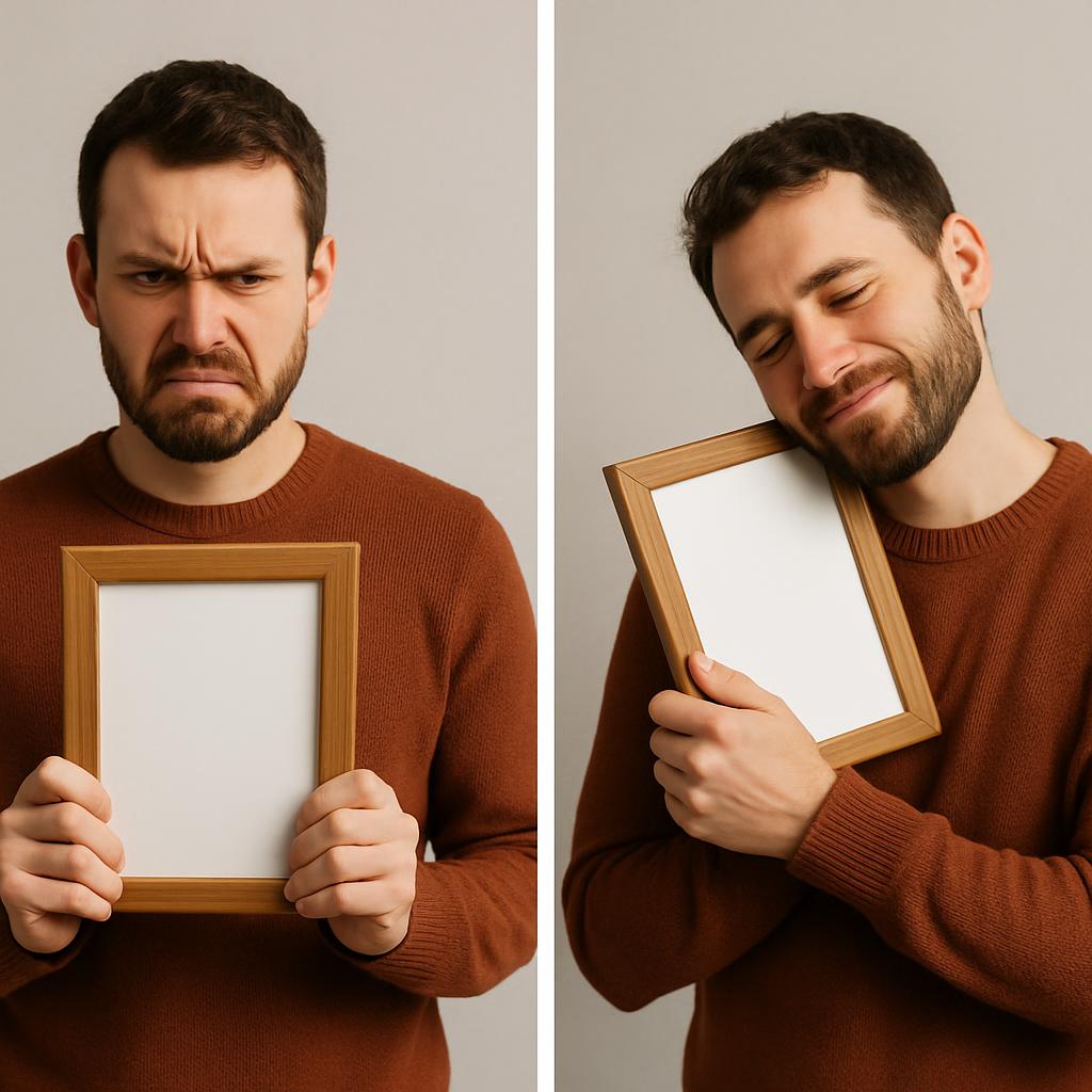 2 pictures. In the first picture there is a man hating the pictu Blank Meme Template