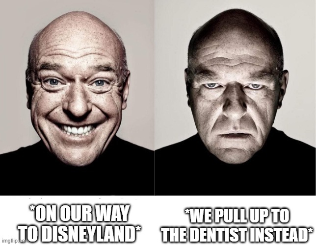 breaking bad smile frown | *WE PULL UP TO THE DENTIST INSTEAD*; *ON OUR WAY TO DISNEYLAND* | image tagged in breaking bad smile frown,dentist,disneyland | made w/ Imgflip meme maker