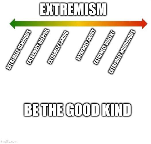 EXTREMISM; EXTREMELY ANGRY; EXTREMELY HELPFUL; EXTREMELY CARING; EXTREMELY VIOLENT; EXTREMELY GENEROUS; EXTREMELY MURDEROUS; BE THE GOOD KIND | image tagged in blank white template | made w/ Imgflip meme maker