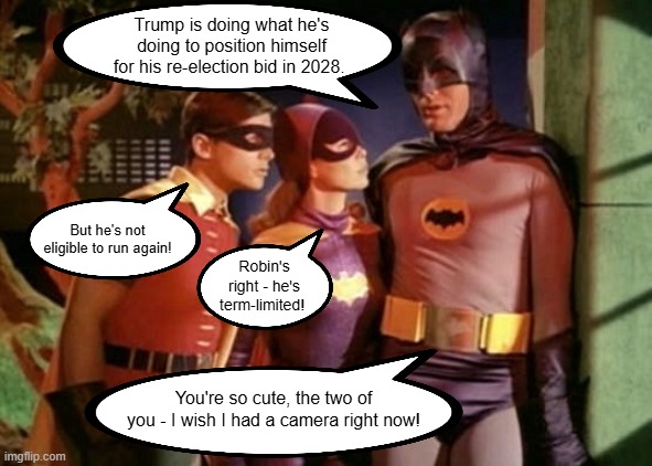 Batman Robin Batgirl Trump 2028 | Trump is doing what he's doing to position himself for his re-election bid in 2028. But he's not eligible to run again! Robin's right - he's term-limited! You're so cute, the two of you - I wish I had a camera right now! | image tagged in batman robin batgirl,trump 2028,i hate donald trump,trump sucks | made w/ Imgflip meme maker