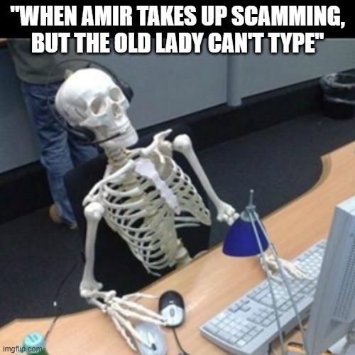 Skeleton Waiting At Computer | "WHEN AMIR TAKES UP SCAMMING, BUT THE OLD LADY CAN'T TYPE" | image tagged in skeleton waiting at computer | made w/ Imgflip meme maker