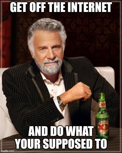 The Most Interesting Man In The World Meme | GET OFF THE INTERNET; AND DO WHAT YOUR SUPPOSED TO | image tagged in memes,the most interesting man in the world | made w/ Imgflip meme maker