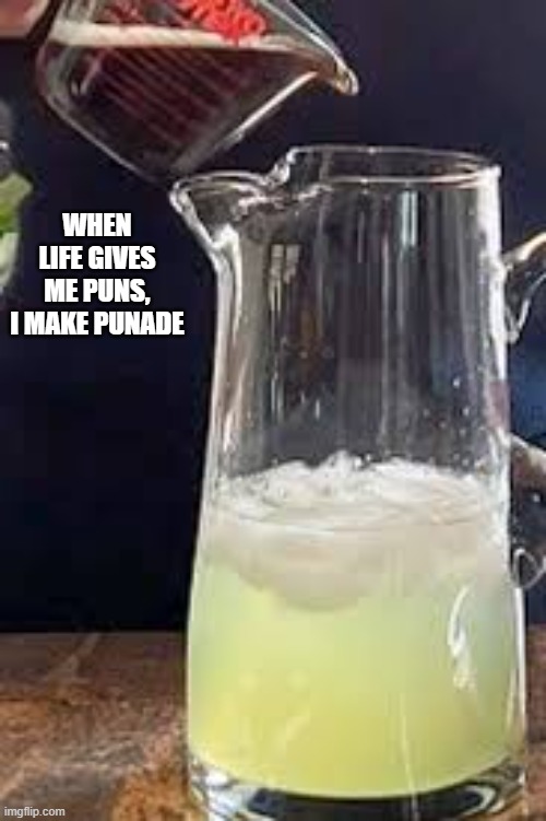 When life gives me puns, I make punade.   ---   funny   --- | WHEN LIFE GIVES ME PUNS, I MAKE PUNADE | image tagged in funny,puns,pun,humor,play on words | made w/ Imgflip meme maker
