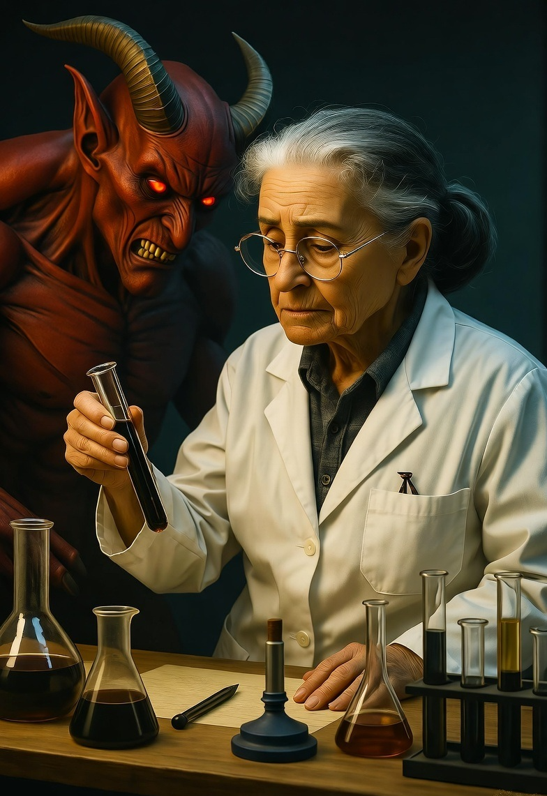 Woman Chemist with Satan looking over her Blank Meme Template