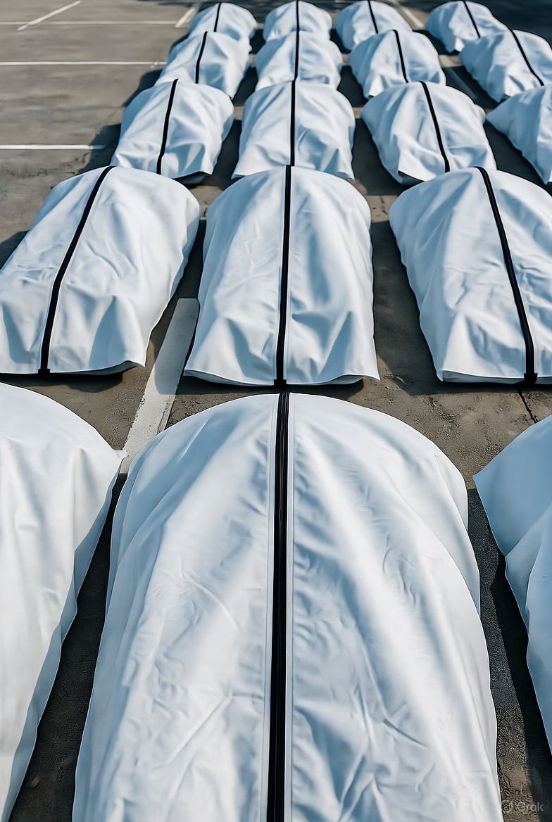 Rows of body bags in a parking lot Blank Meme Template