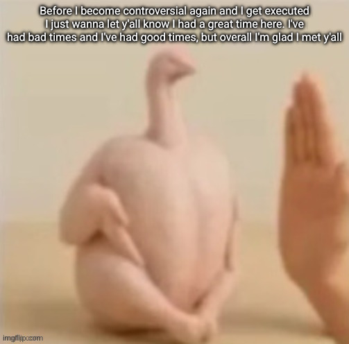 Dinosaur | Before I become controversial again and I get executed I just wanna let y'all know I had a great time here. I've had bad times and I've had good times, but overall I'm glad I met y'all | image tagged in dinosaur | made w/ Imgflip meme maker