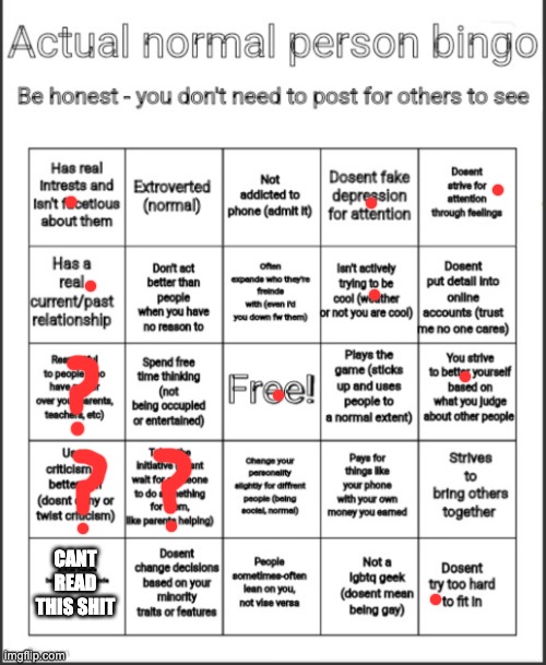 Actual normal person bingo | CANT READ THIS SHIT | image tagged in actual normal person bingo | made w/ Imgflip meme maker