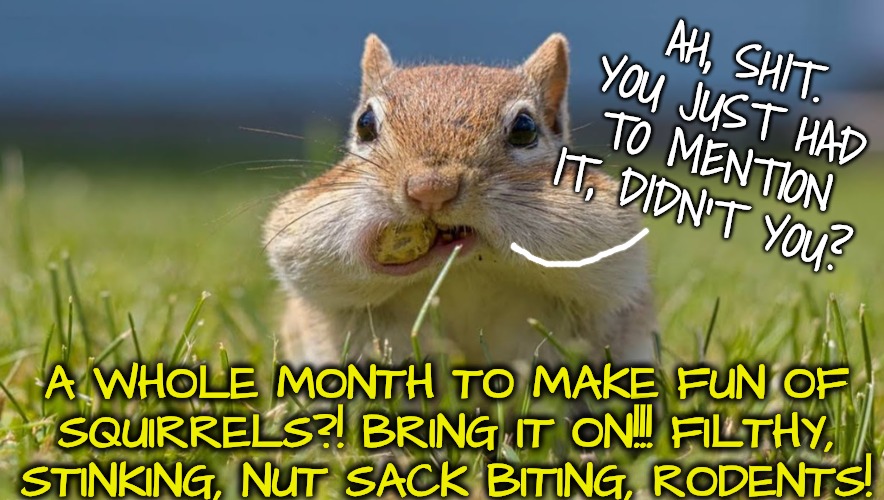 Nat_guber was found in a park, attacked by a squirrel | AH, SHIT. YOU JUST HAD TO MENTION IT, DIDN'T YOU? A WHOLE MONTH TO MAKE FUN OF SQUIRRELS?! BRING IT ON!!! FILTHY, STINKING, NUT SACK BITING, RODENTS! | image tagged in happy squirrel awareness month,dirty squirrels,who likes squirrels,no one | made w/ Imgflip meme maker