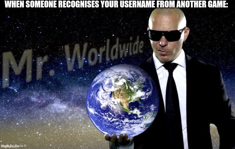 Mr Worldwide | WHEN SOMEONE RECOGNISES YOUR USERNAME FROM ANOTHER GAME: | image tagged in mr worldwide | made w/ Imgflip meme maker