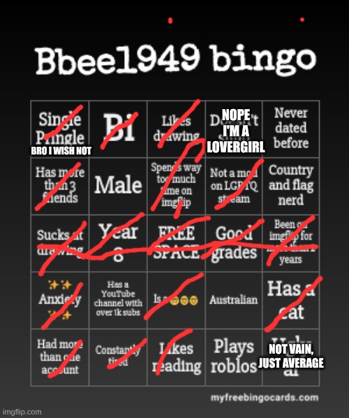bingo. thanks for the bingo bbee1949 | NOPE I'M A LOVERGIRL; BRO I WISH NOT; NOT VAIN, JUST AVERAGE | image tagged in bbee1949 bingo | made w/ Imgflip meme maker