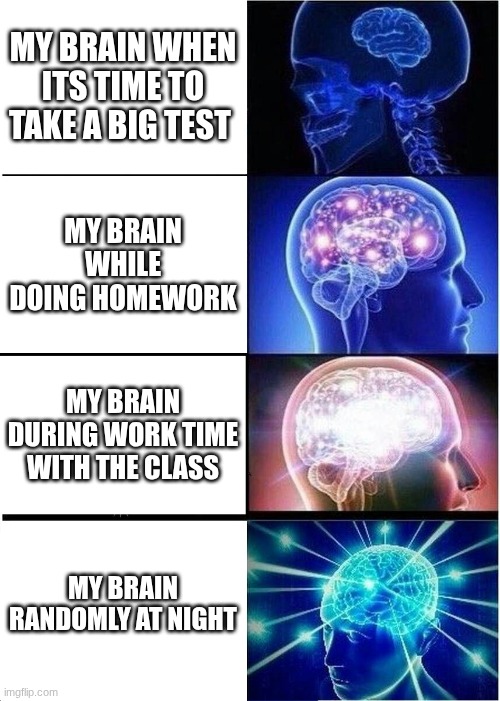 Expanding Brain Meme | MY BRAIN WHEN ITS TIME TO TAKE A BIG TEST; MY BRAIN WHILE DOING HOMEWORK; MY BRAIN DURING WORK TIME WITH THE CLASS; MY BRAIN RANDOMLY AT NIGHT | image tagged in memes,expanding brain | made w/ Imgflip meme maker