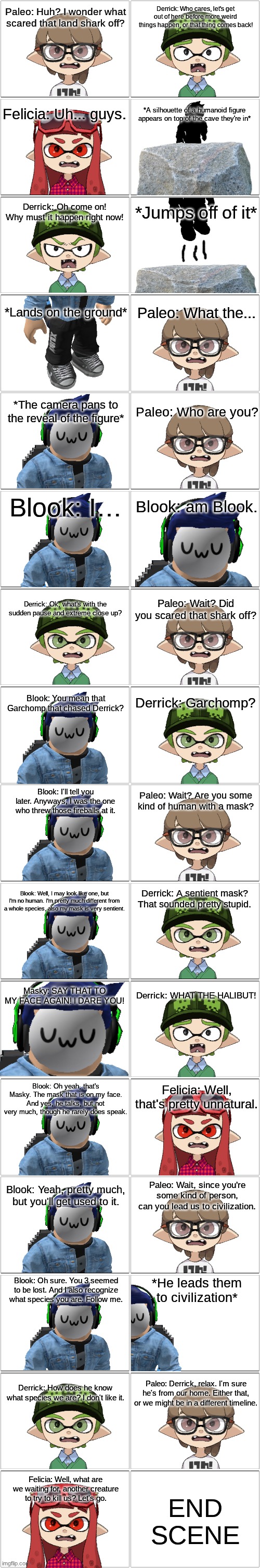 The first EOI movie scene: Paleo and his friends meets Blook.mp3 (Unedited Version) | image tagged in comic,paleo,derrick,felicia,blook | made w/ Imgflip meme maker