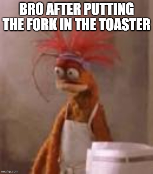 If you do it you will die... | BRO AFTER PUTTING THE FORK IN THE TOASTER | image tagged in pepe muppet | made w/ Imgflip meme maker