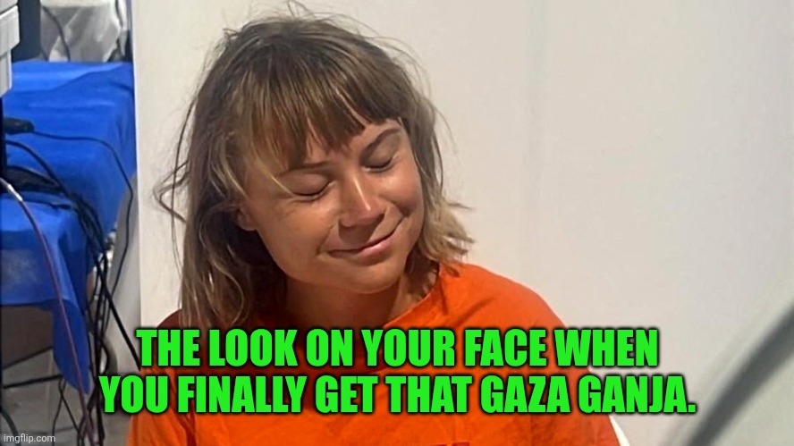 Stoned Greta | THE LOOK ON YOUR FACE WHEN YOU FINALLY GET THAT GAZA GANJA. | image tagged in greta thunberg in customer | made w/ Imgflip meme maker