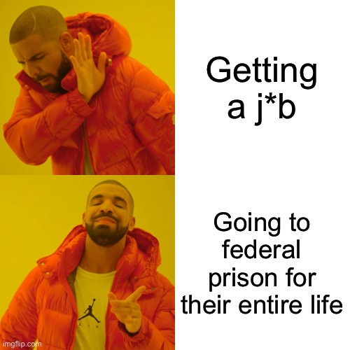 Getting a j*b Going to federal prison for their entire life | image tagged in memes,drake hotline bling | made w/ Imgflip meme maker