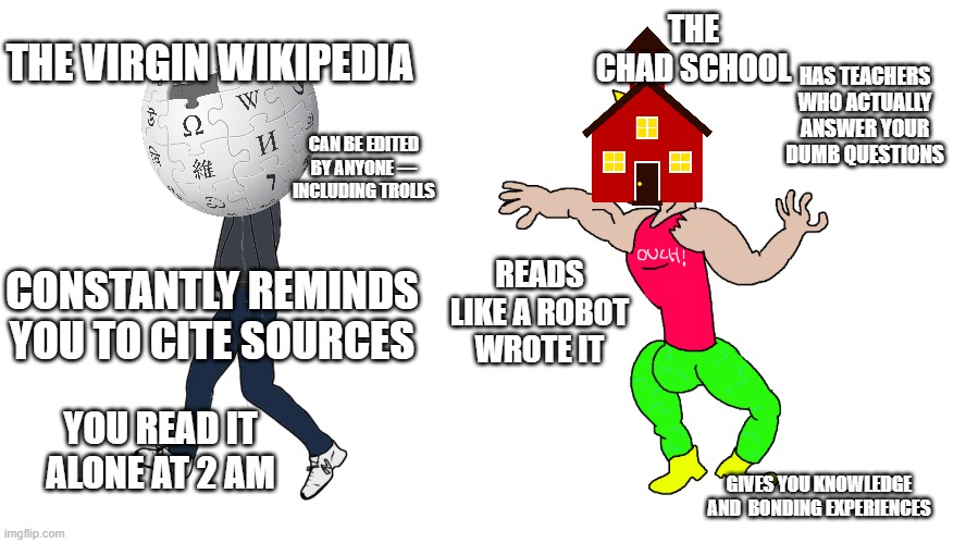 THE VIRGIN WIKIPEDIA VS THE CHAD SCHOOL | THE CHAD SCHOOL; HAS TEACHERS WHO ACTUALLY ANSWER YOUR DUMB QUESTIONS; THE VIRGIN WIKIPEDIA; CAN BE EDITED BY ANYONE — INCLUDING TROLLS; CONSTANTLY REMINDS YOU TO CITE SOURCES; READS LIKE A ROBOT WROTE IT; YOU READ IT ALONE AT 2 AM; GIVES YOU KNOWLEDGE AND  BONDING EXPERIENCES | image tagged in chad vs virgin | made w/ Imgflip meme maker