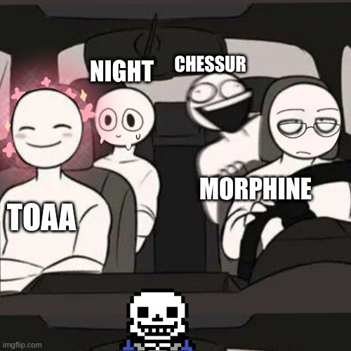 my freinds | CHESSUR; NIGHT; MORPHINE; TOAA | image tagged in 4 friends inside a car | made w/ Imgflip meme maker