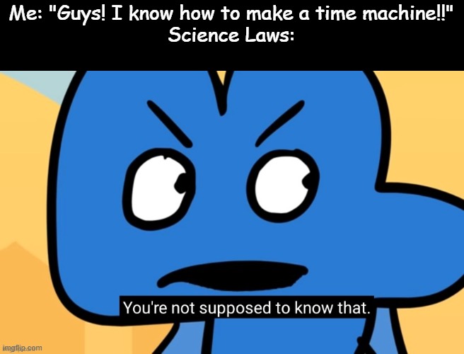 wait- | Me: "Guys! I know how to make a time machine!!"
Science Laws: | image tagged in you're not supposed to know that | made w/ Imgflip meme maker