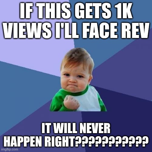 Success Kid Meme | IF THIS GETS 1K VIEWS I'LL FACE REV; IT WILL NEVER HAPPEN RIGHT??????????? | image tagged in memes,success kid | made w/ Imgflip meme maker