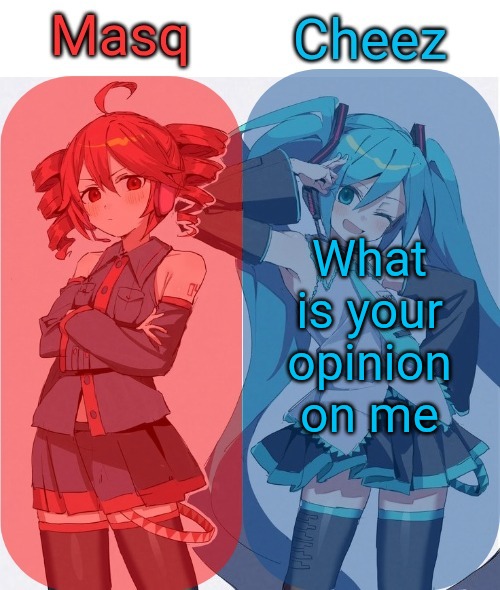 Masq and Cheez Duo shared template | What is your opinion on me | image tagged in masq and cheez duo shared template | made w/ Imgflip meme maker