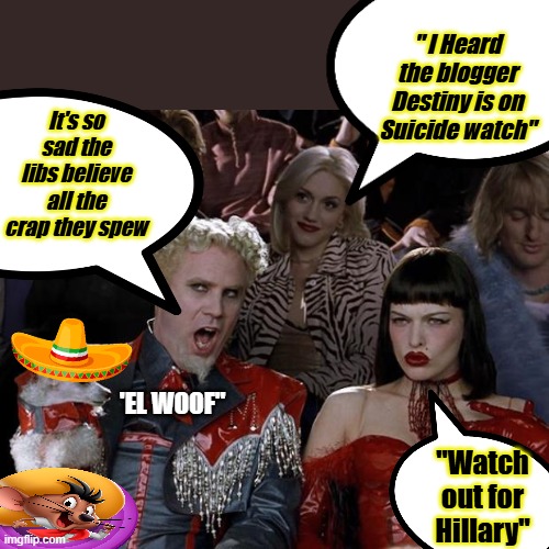 We having fun Yet? Destiny, what kind of guy calls himself Destiny? Weird | " I Heard the blogger Destiny is on Suicide watch"; It's so sad the libs believe all the crap they spew; 'EL WOOF"; "Watch out for Hillary" | image tagged in memes,mugatu so hot right now | made w/ Imgflip meme maker