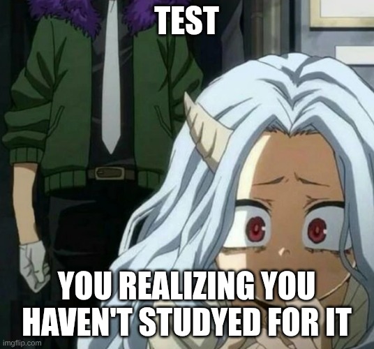 Eri scared of overhaul | TEST; YOU REALIZING YOU HAVEN'T STUDYED FOR IT | image tagged in eri scared of overhaul | made w/ Imgflip meme maker