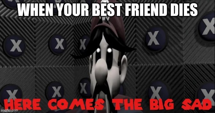 Here comes the big sad | WHEN YOUR BEST FRIEND DIES | image tagged in here comes the big sad,smg4 | made w/ Imgflip meme maker